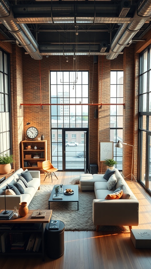 An urban loft living room with large windows, exposed brick walls, and modern furniture, featuring a cozy atmosphere.
