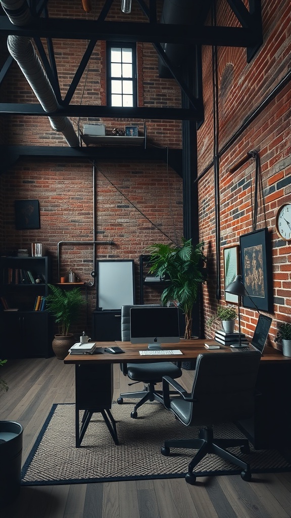 A modern masculine home office with exposed brick walls, wooden desk, and potted plants.