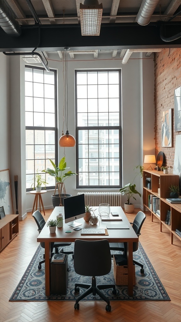 A modern urban loft style home office with large windows, natural light, and a wooden table.