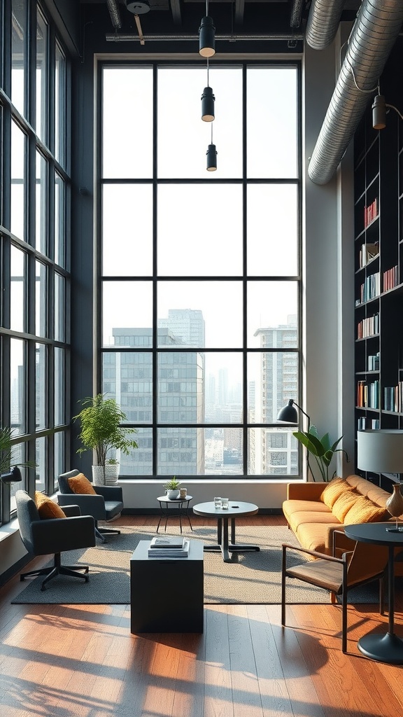 Stylish urban loft office with large windows, orange sofa, and black furniture
