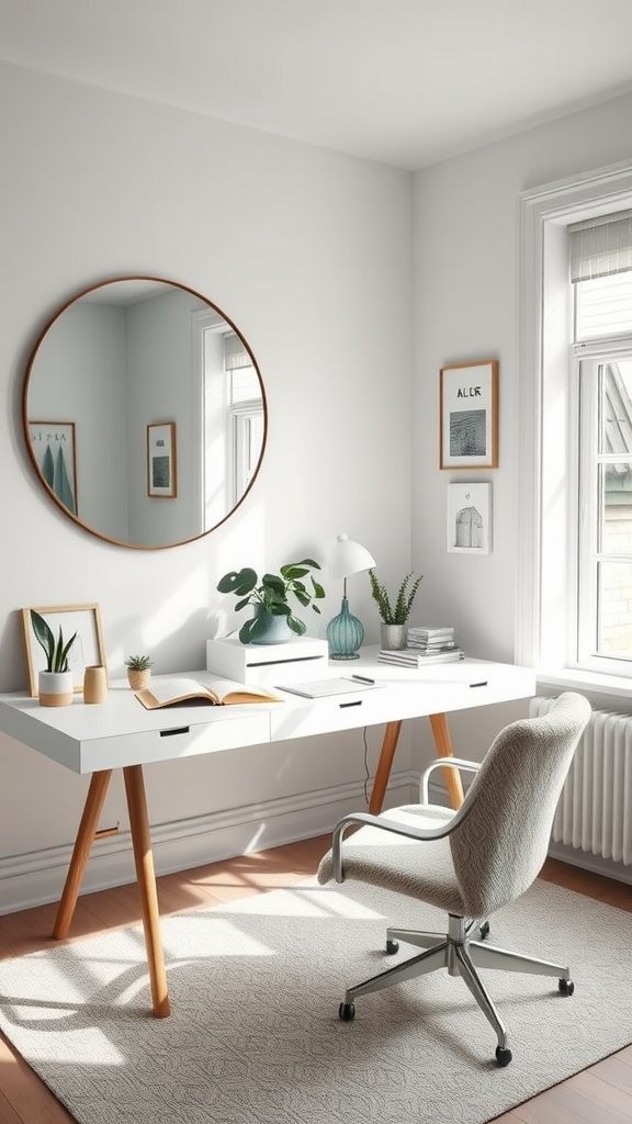 A cozy home office featuring a large mirror, modern furniture, and plants, showcasing Scandinavian interior design.