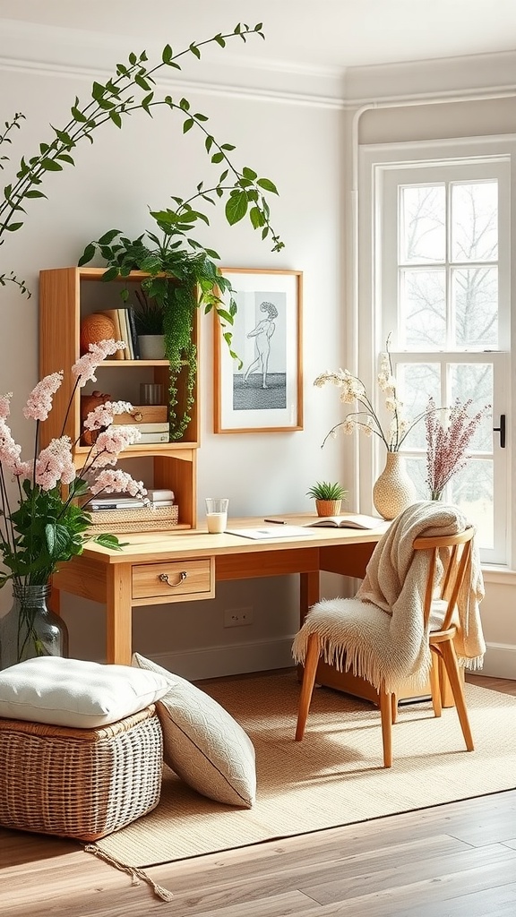 A cozy home office with soft textiles, including a knitted throw and decorative cushions, surrounded by plants.