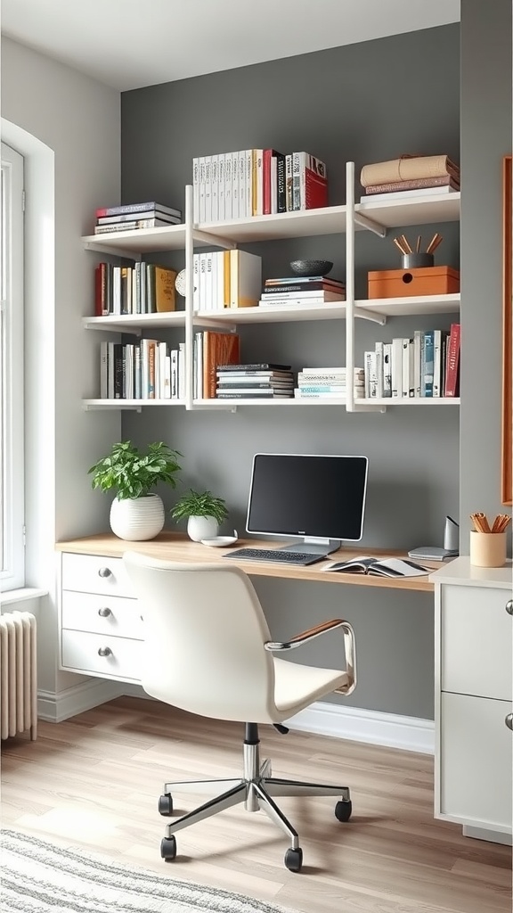 A modern home office featuring open shelving with books and decor, a desk with an Apple computer, and a cozy chair.
