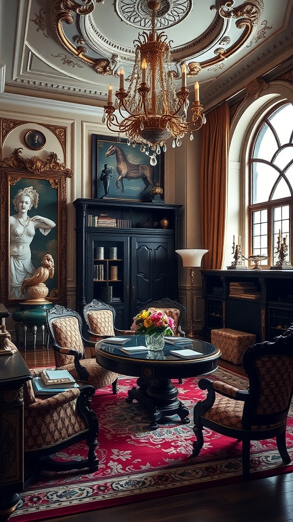 A luxurious Venetian styled room featuring ornate furniture, a vintage chandelier, and rich decor.
