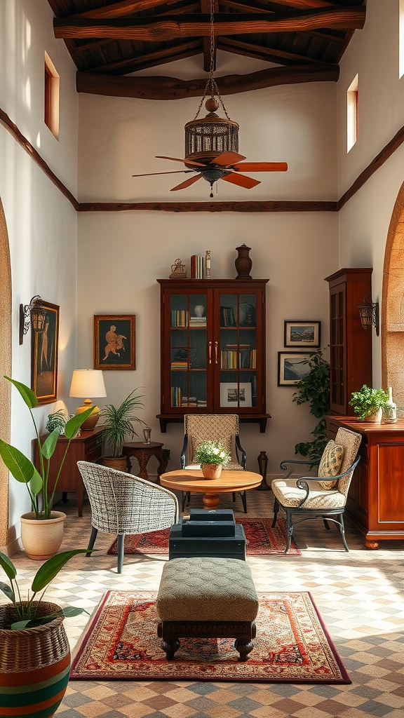 Cozy interior showcasing vernacular architecture with wooden beams and traditional furniture.