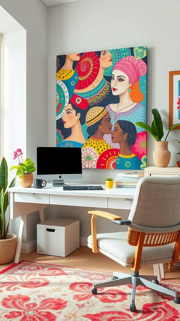 A stylish home office featuring vibrant cultural artwork of diverse female figures on the wall, complemented by a modern desk and plant decor.