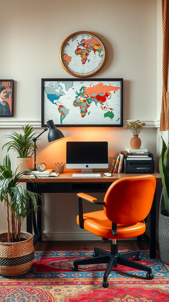 A colorful home office featuring an orange chair, world maps on the wall, plants, and a stylish desk with a computer.