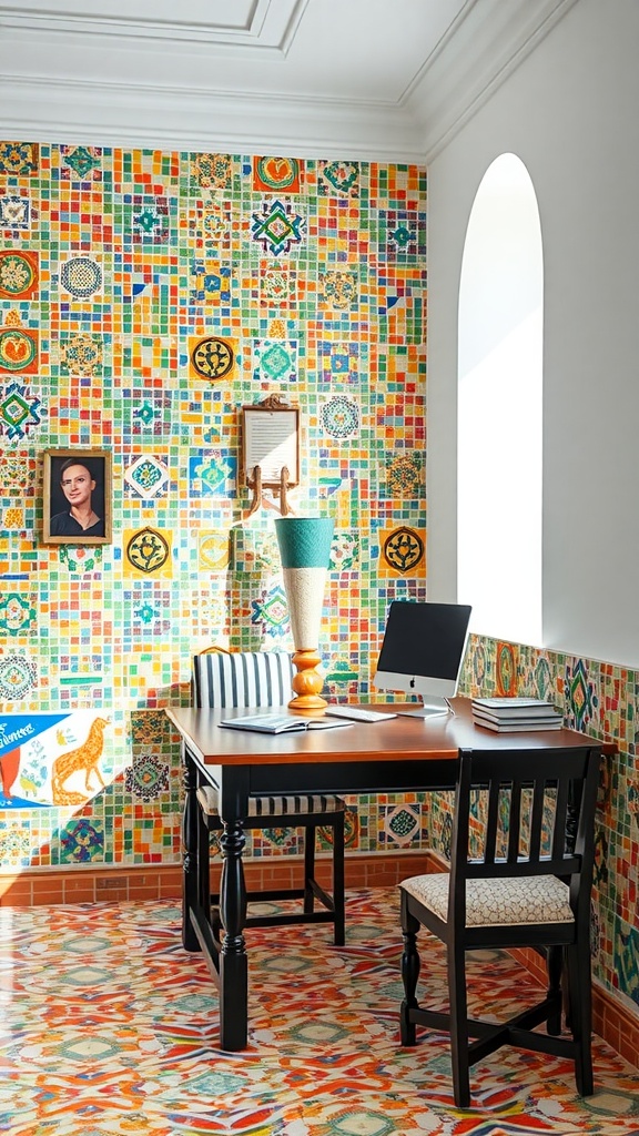 A kitchen featuring vibrant mosaic tiles in warm hues, showcasing Mediterranean interior design.