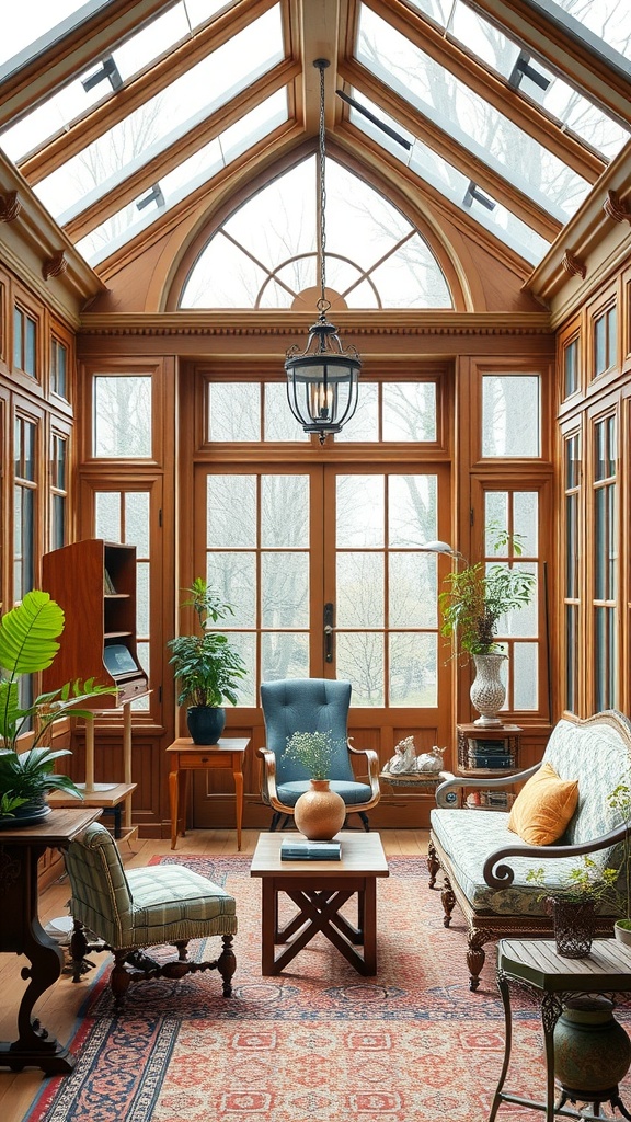 Victorian sunroom with large windows, wooden accents, and cozy seating