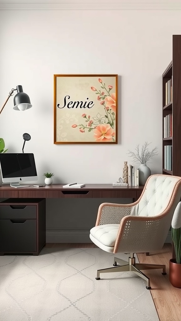 A vintage-inspired artwork featuring flowers and the name 'Semie' in a feminine home office setting.