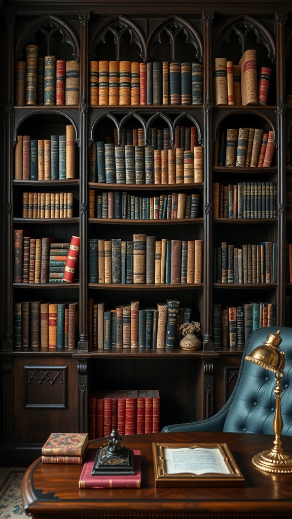 Vintage book collection in a gothic-style wooden bookshelf with intricate designs.