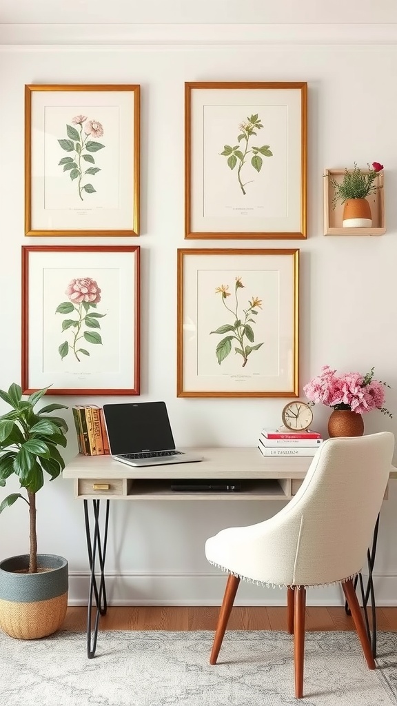 A stylish home office featuring vintage botanical prints framed on the wall, a simple desk with a laptop, and a cozy chair.