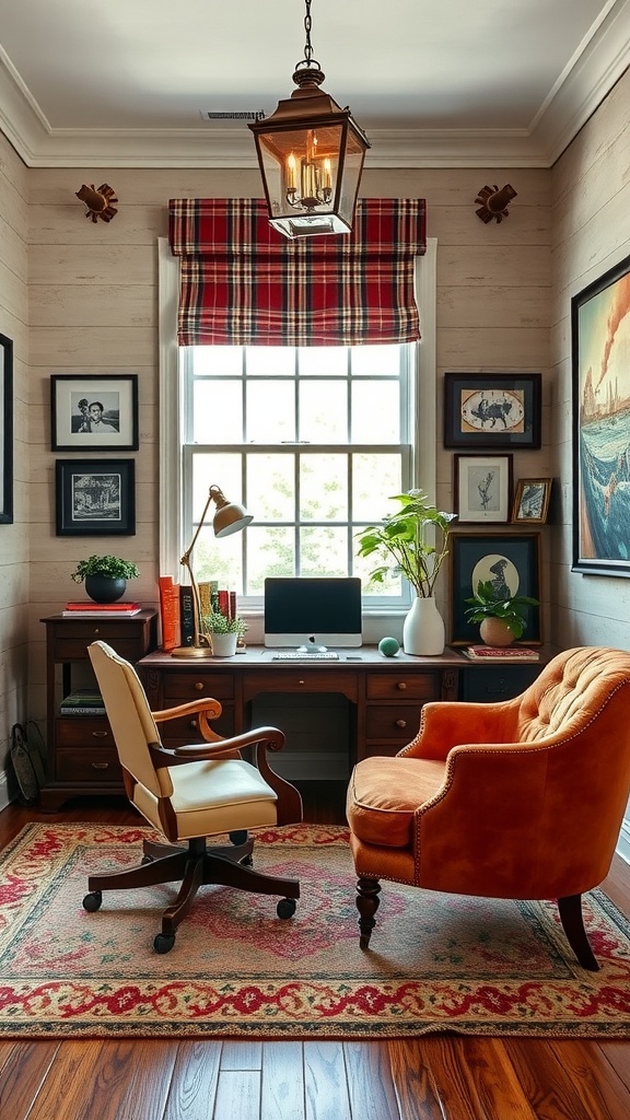 A cozy home office featuring a wooden desk, bookshelves, and warm lighting, showcasing vintage charm.