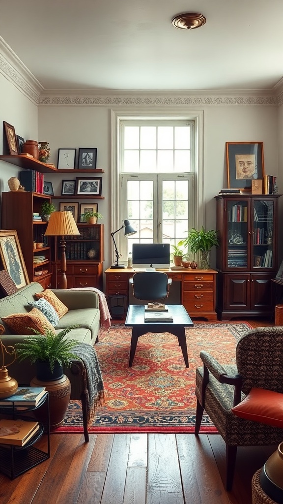 Cozy living room with vintage elements and a home office setup