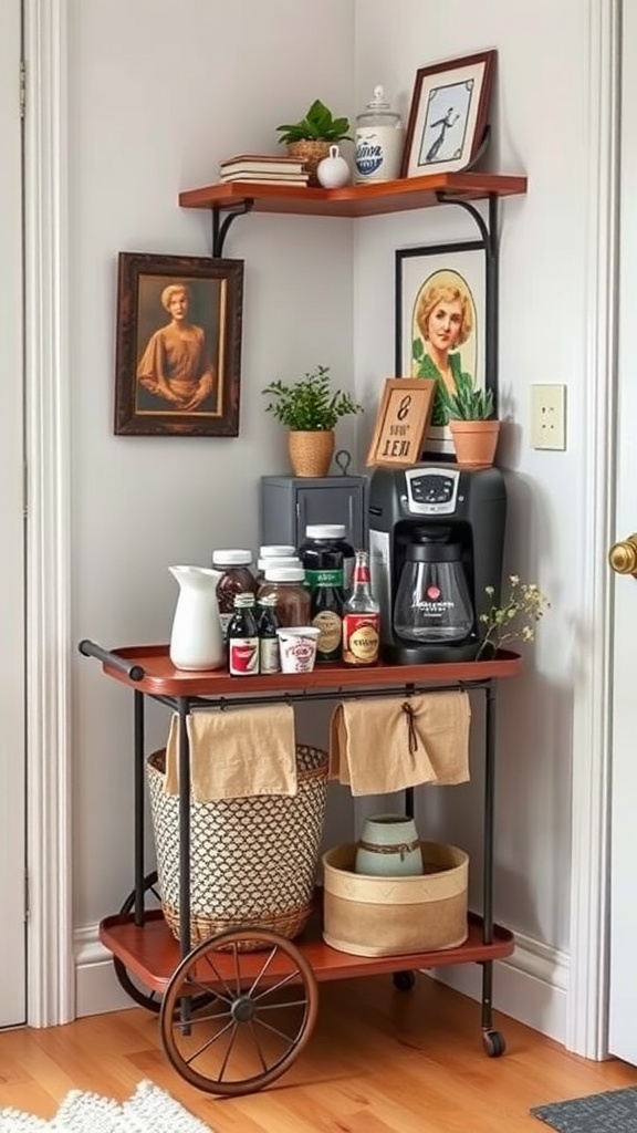 A vintage coffee cart with a coffee maker, syrups, and decorative items, set in a cozy home office corner.