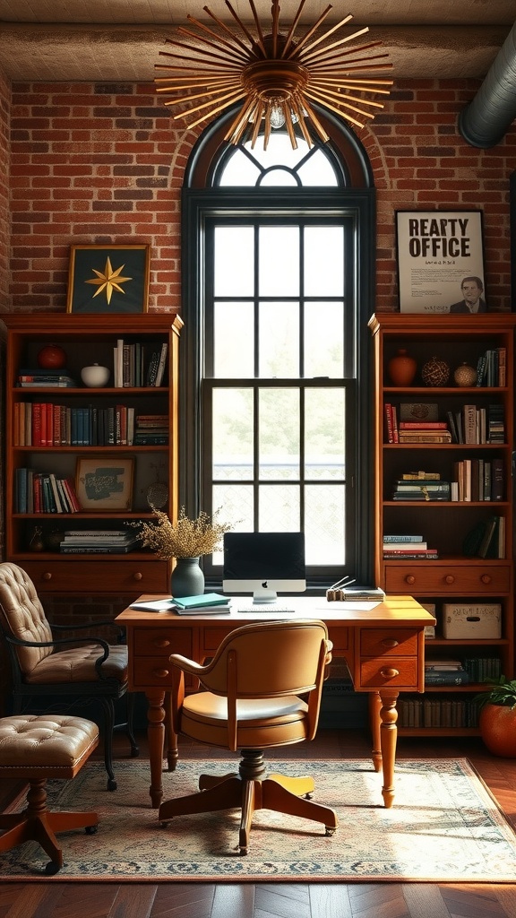 A vintage home office featuring wooden furniture, framed portraits, and a cozy atmosphere.