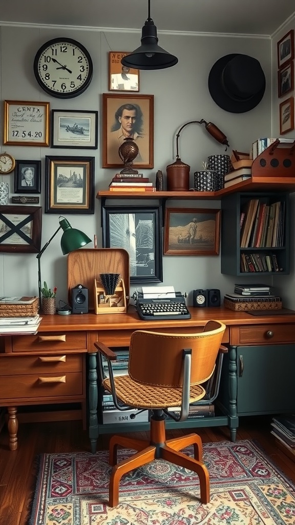 A vintage style home office with wooden furniture, shelves of books, a typewriter, and framed artwork.