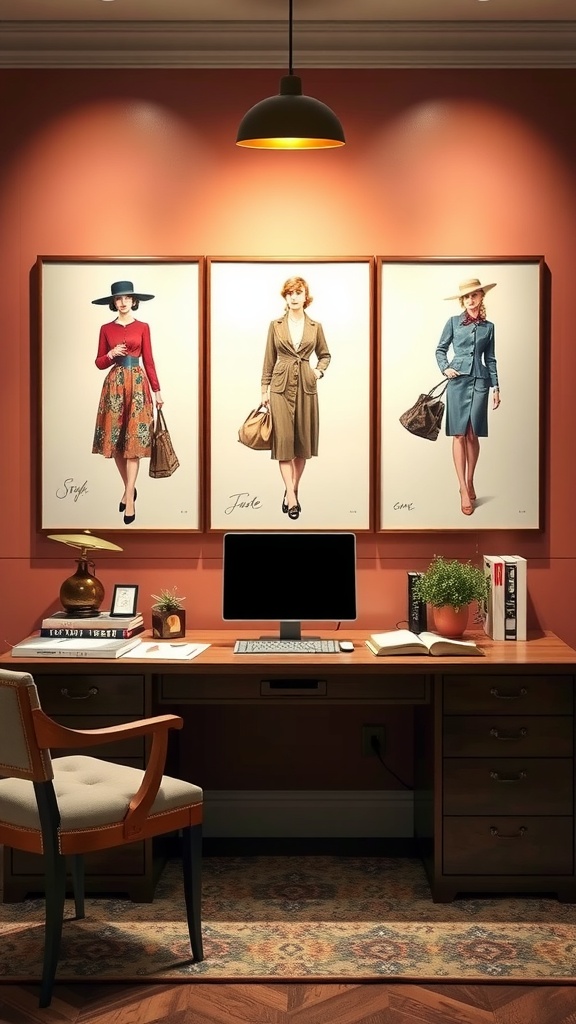 A stylish home office featuring vintage fashion prints of women in elegant outfits, a desk with a computer, and tasteful decor.