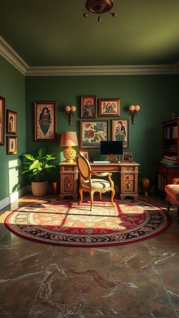 A vintage-style home office with olive green walls, a wooden desk, and vintage artwork.