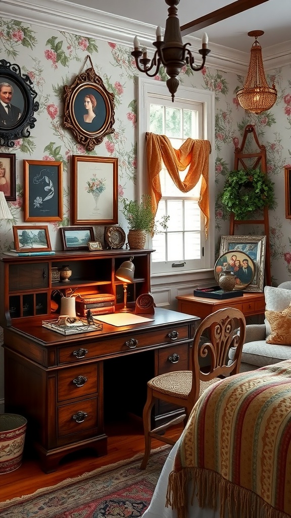 A vintage-inspired bedroom office featuring a classic wooden desk, floral wallpaper, and framed portraits.