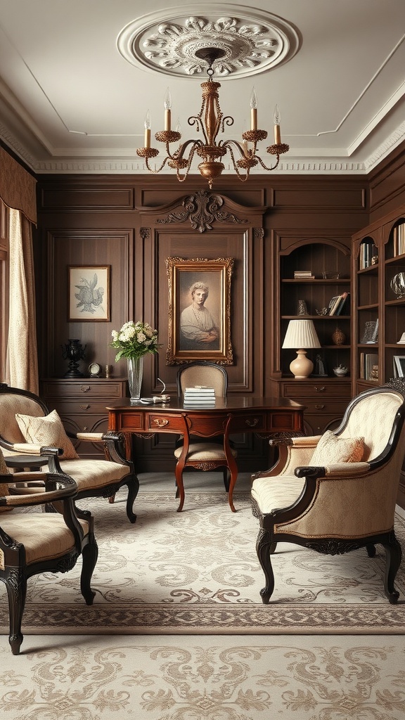 A vintage home office featuring dark wood paneling, elegant furniture, and a chandelier, creating a glamorous workspace.
