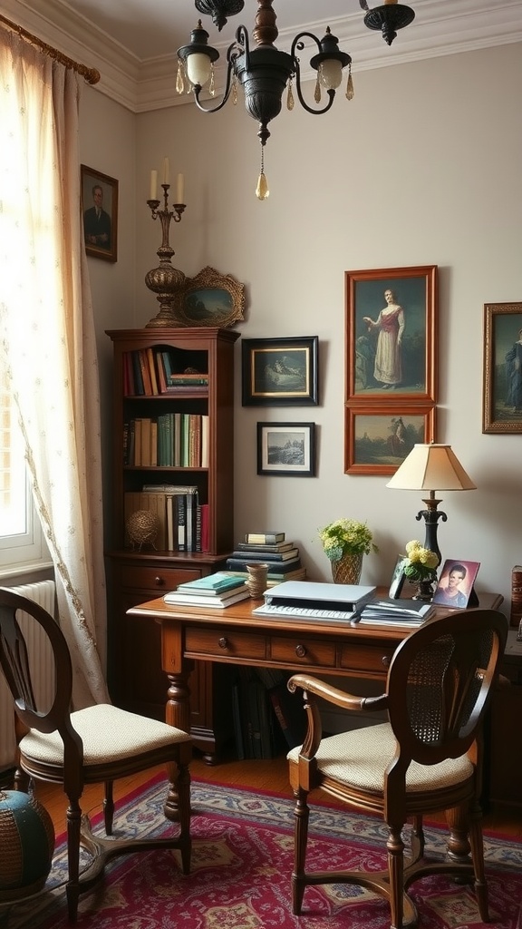 Cozy workspace with vintage Italian charm featuring a wooden desk, bookshelves, and framed art