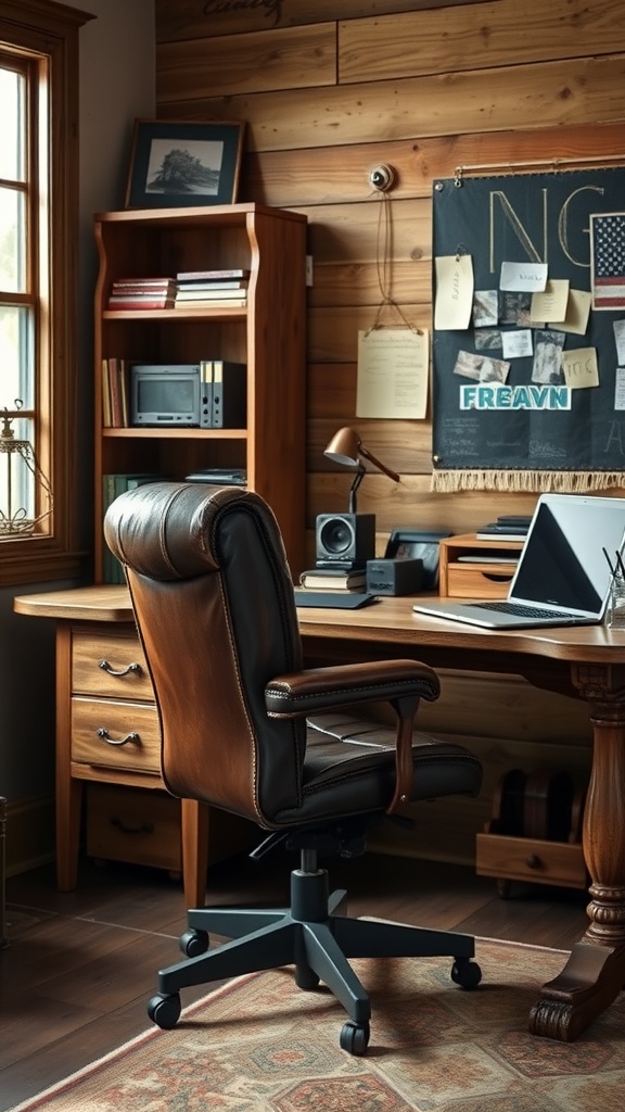 A vintage leather office chair in a warm wooden home office setting.