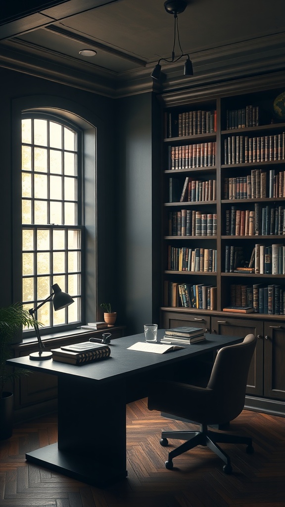 A vintage-style masculine home office featuring dark wood bookshelves, a sleek desk, and warm lighting.