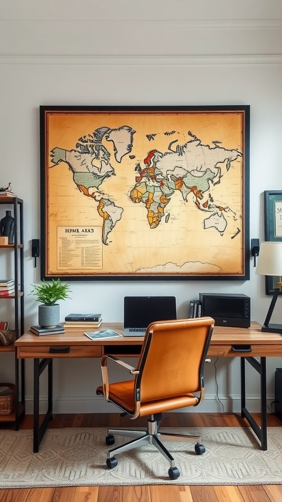 A stylish home office featuring a vintage map as a wall feature, complemented by modern furniture.