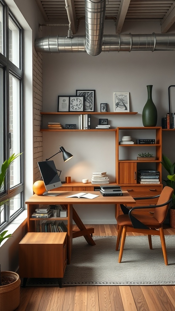 A vintage modern office featuring a wooden floor, green chair, sleek desk, and various wall decorations