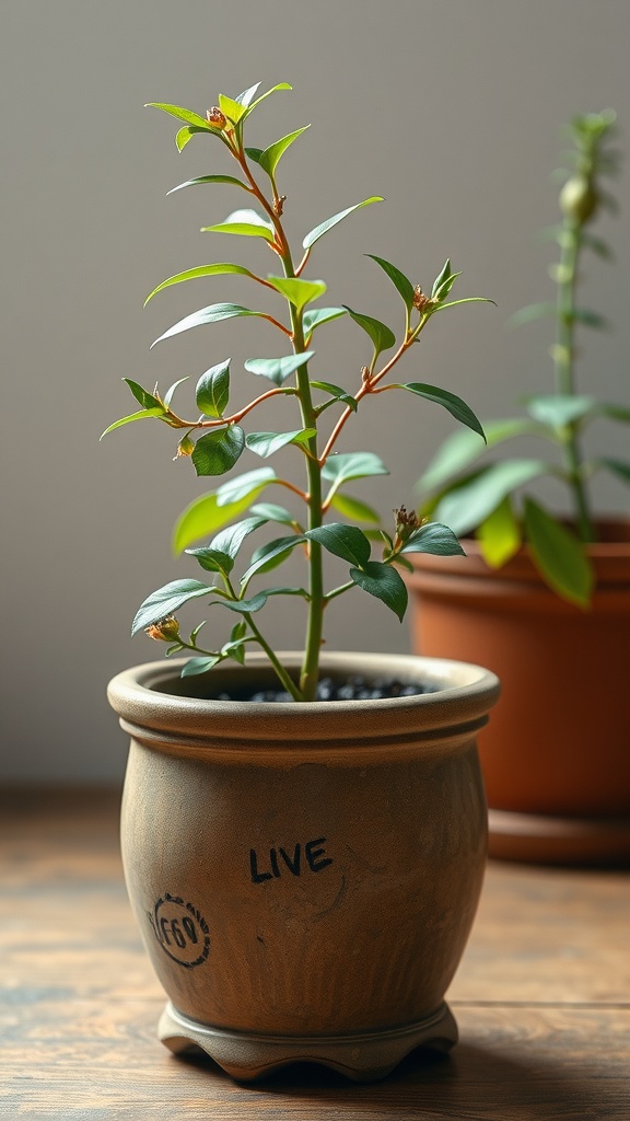 A vintage pot with a new green plant, showcasing a natural and earthy aesthetic.