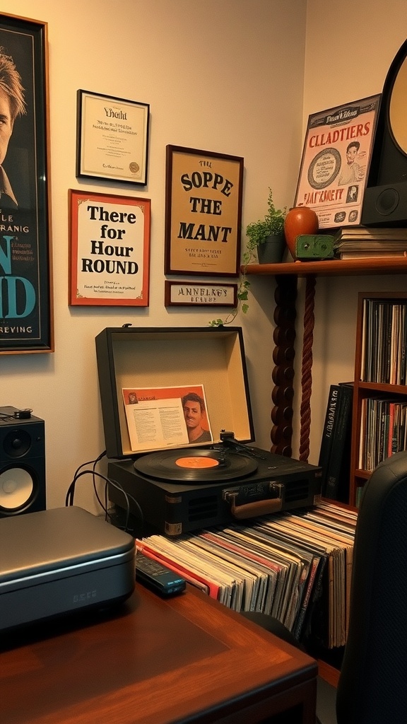A vintage record player setup with vinyl records, framed pictures, and a globe in a cozy office corner.