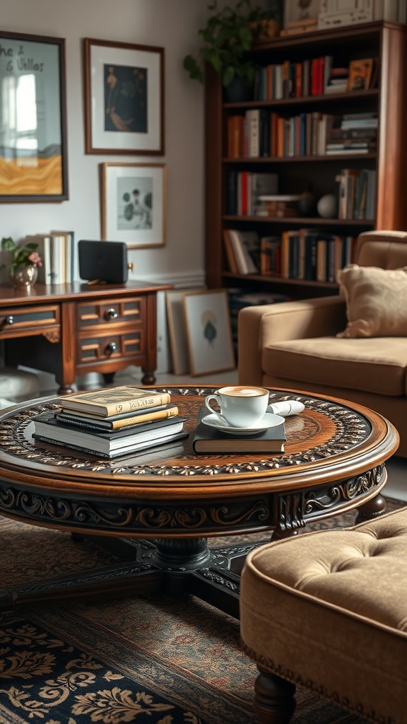 A vintage revived coffee table with intricate detailing and a cup of coffee on it, surrounded by books and a cozy living room setting.