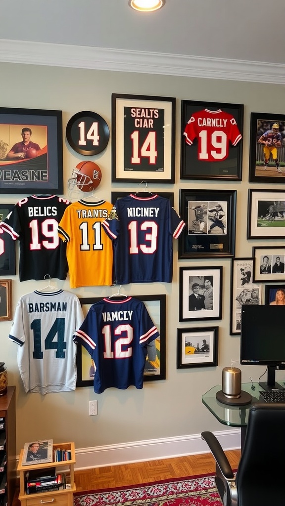 Vintage sports memorabilia display featuring jerseys and framed sports photos in a stylish office space.