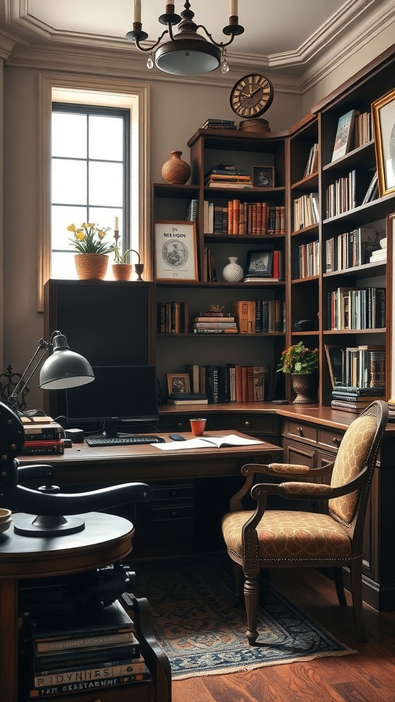 A cozy vintage study nook with wooden shelves filled with books, a stylish desk, and a comfortable chair.