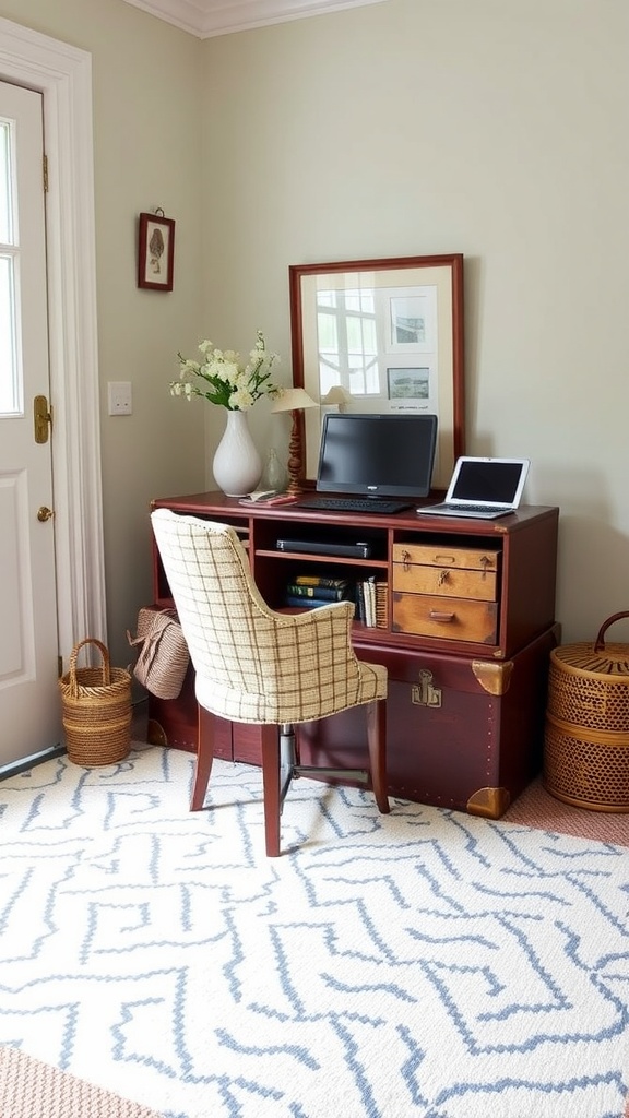 A cozy English cottage home office featuring vintage suitcase storage, wooden desk, and lush plants.