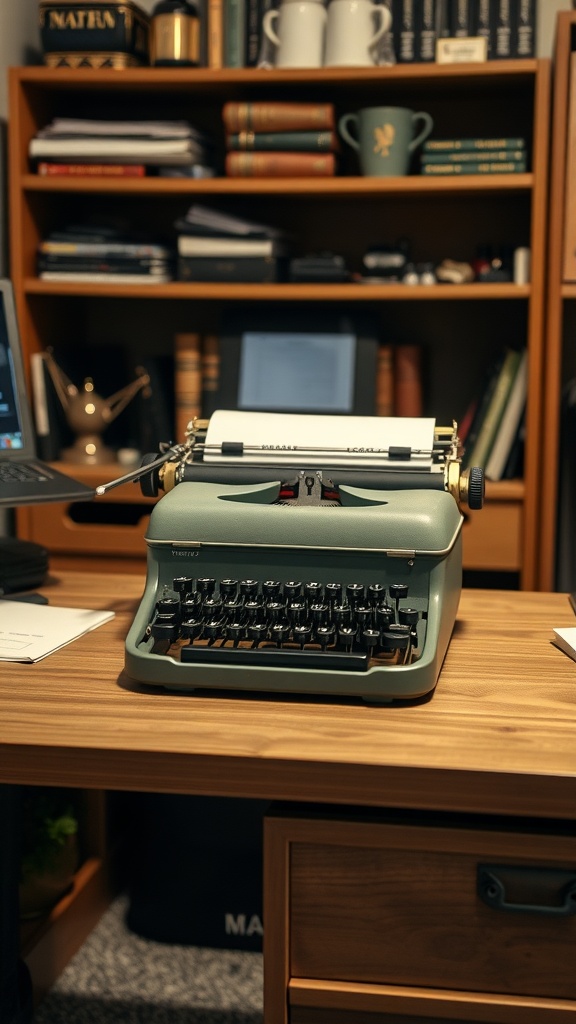 A vintage typewriter displayed on a wooden desk in a cozy office setting.