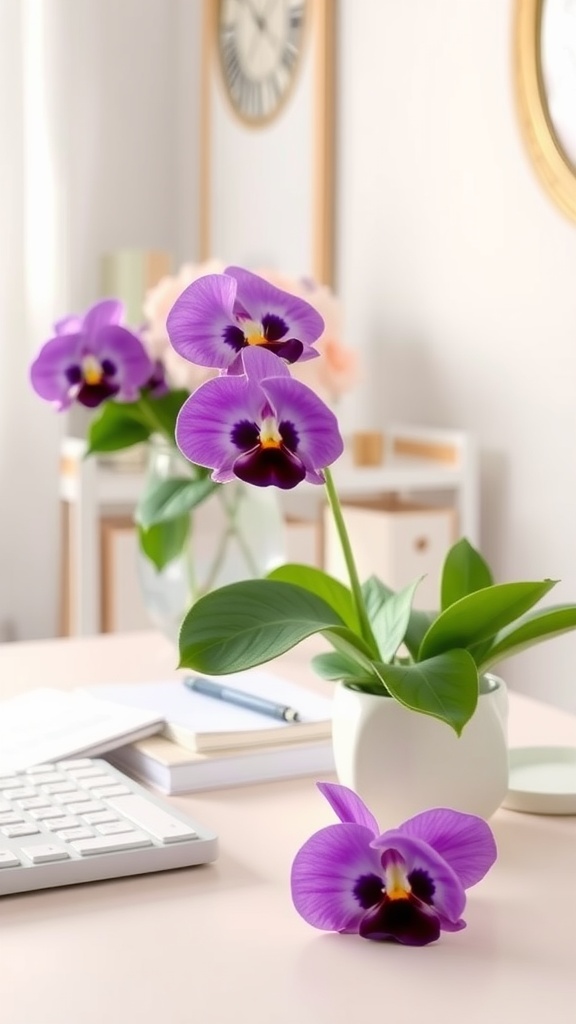 A close-up of vibrant purple orchids on a desk in a feminine home office setting