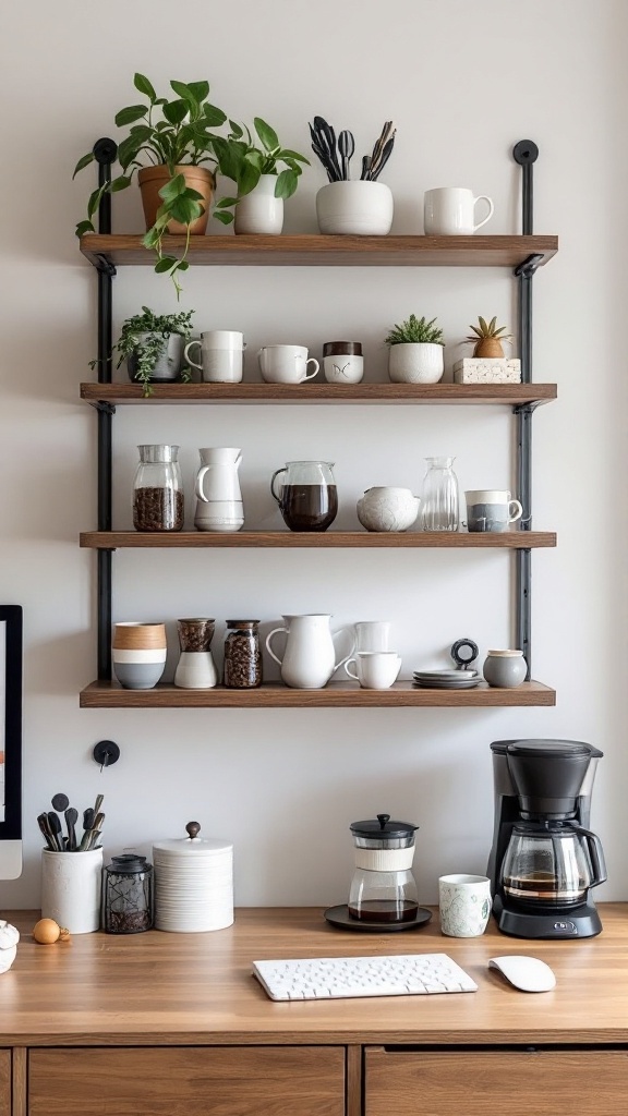 Wall-mounted coffee shelf with coffee mugs, a coffee maker, and a plant