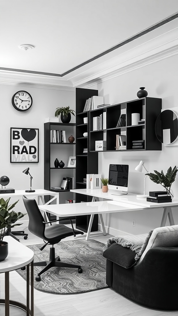A minimalist wall-mounted desk with a computer setup, plants, and a lamp.