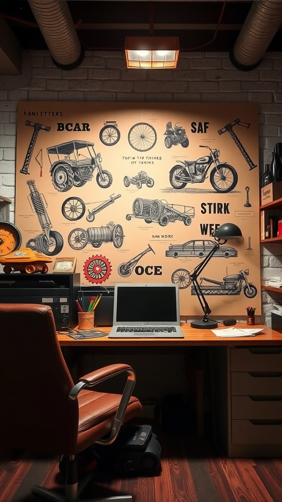 Wall art featuring sketches of machinery and vehicles in a man cave office