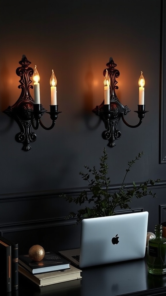 Wall sconces with candles illuminating a dark wood panelled office space