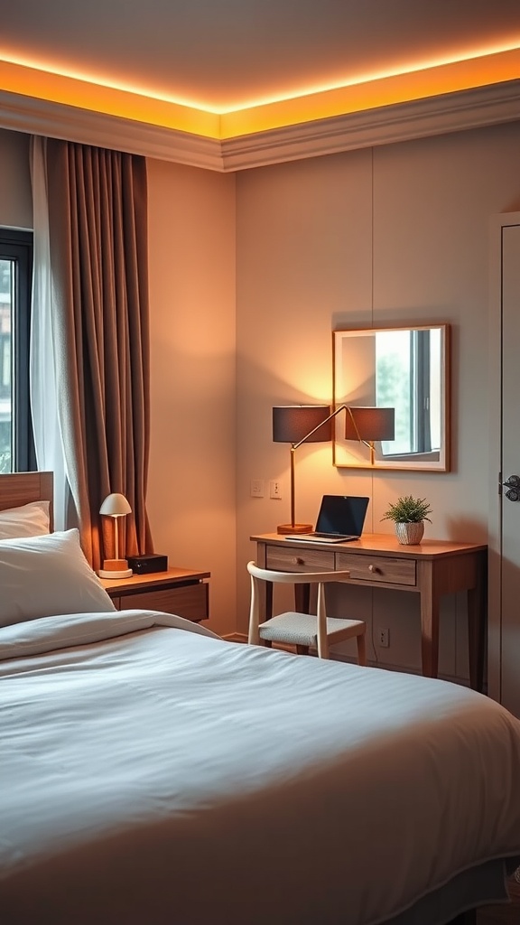 A modern bedroom with warm lighting and a desk for home office setup.
