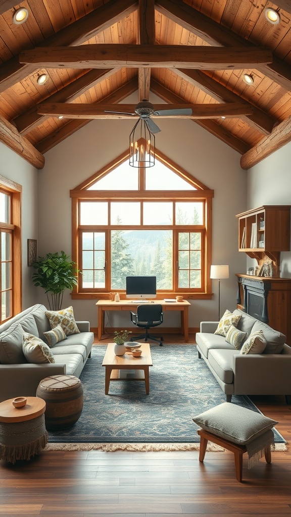 A warm rustic lodge living room featuring wooden beams, cozy sofas, and a home office area