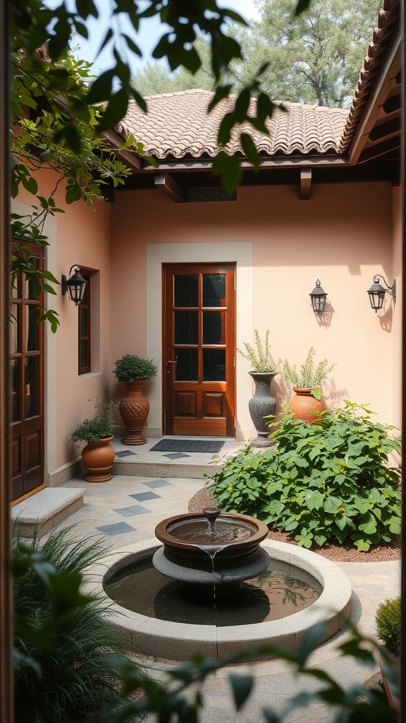 A serene fountain surrounded by greenery in a Mediterranean-style courtyard.