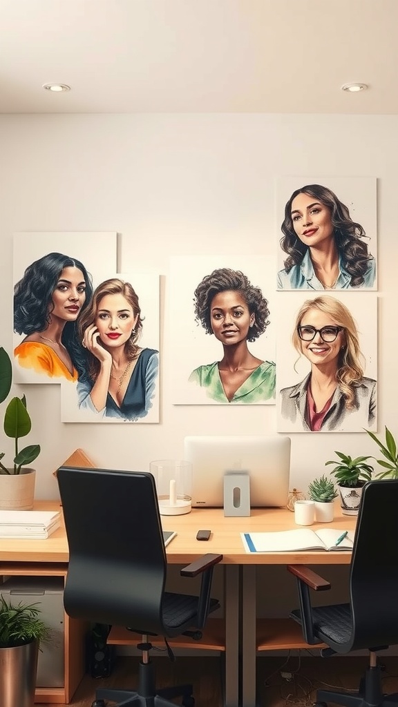 A stylish home office featuring watercolor portraits of diverse women on the wall, with a modern desk and plants.