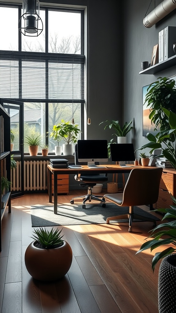A modern wellness-focused workspace with large windows, plants, and a stylish desk.