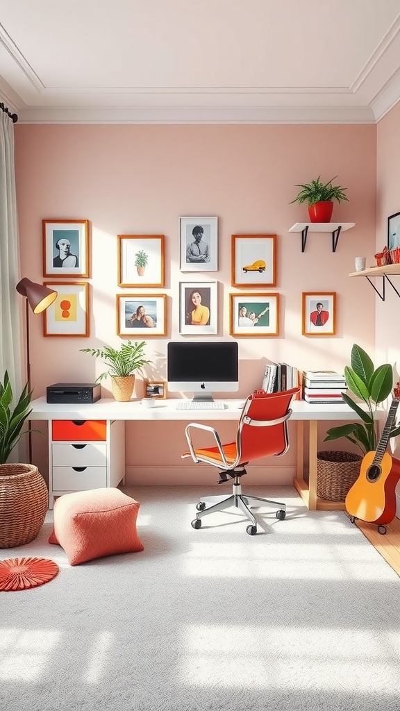 A modern female home office featuring pink walls, framed artwork, and a stylish desk with a bright chair.