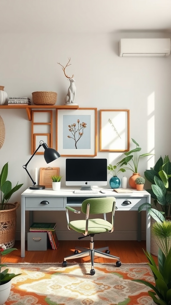 A cozy home office with whimsical decor, featuring a green chair, plants, framed artwork, and a stylish desk.