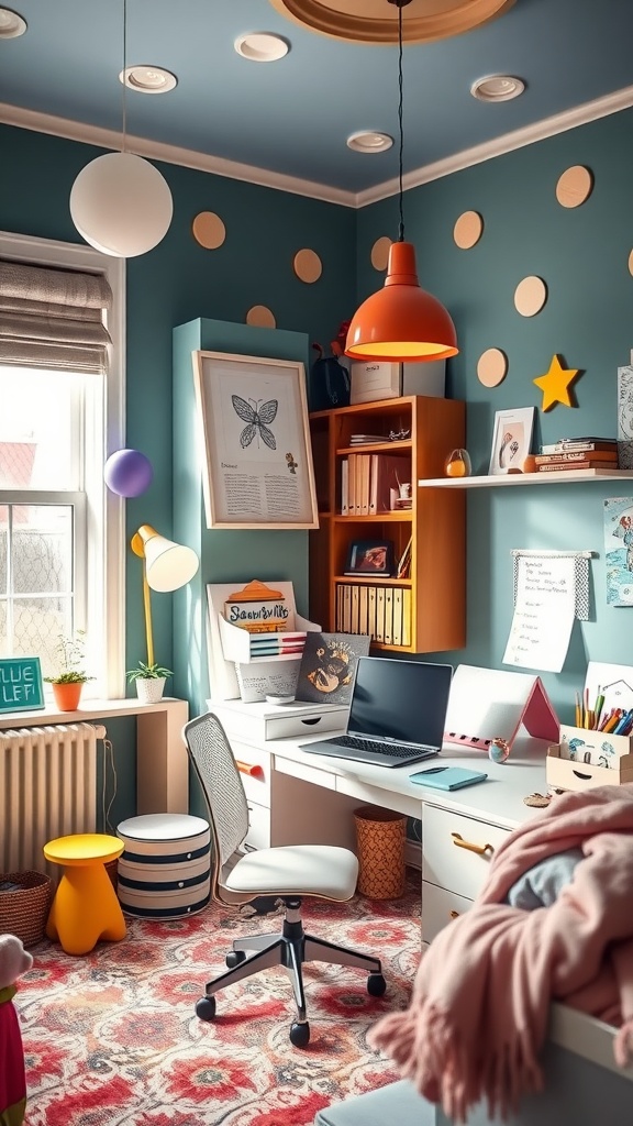 A vibrant home office and bedroom combination featuring teal walls, playful decor, and a cozy work space.